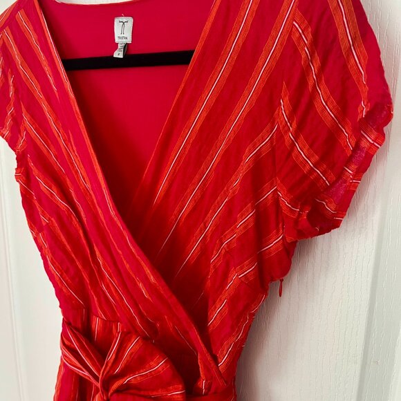 Tristan Red Striped Faux Wrap Cotton Blend V Neck Dress with Tie Belt Cap Sleeve - Picture 3 of 15